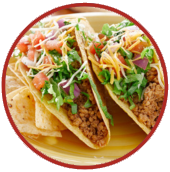 a red circle with an image of tacos inside it